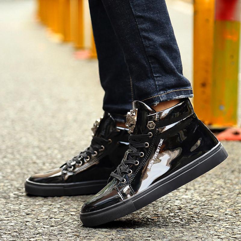 Luxury Blue High Top Sneakers Men Skateboard Shoes Big Size 47 Patent Leather Man Sneakers Platform Non-Slip Men's Casual Shoes