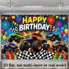 2D plane Birthday happy monster truck background cloth with multiple vehicles large-footed off-road trucks