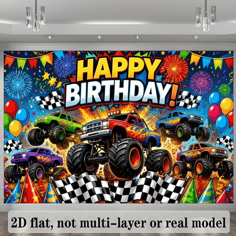 2D plane Birthday happy monster truck background cloth with multiple vehicles large-footed off-road trucks