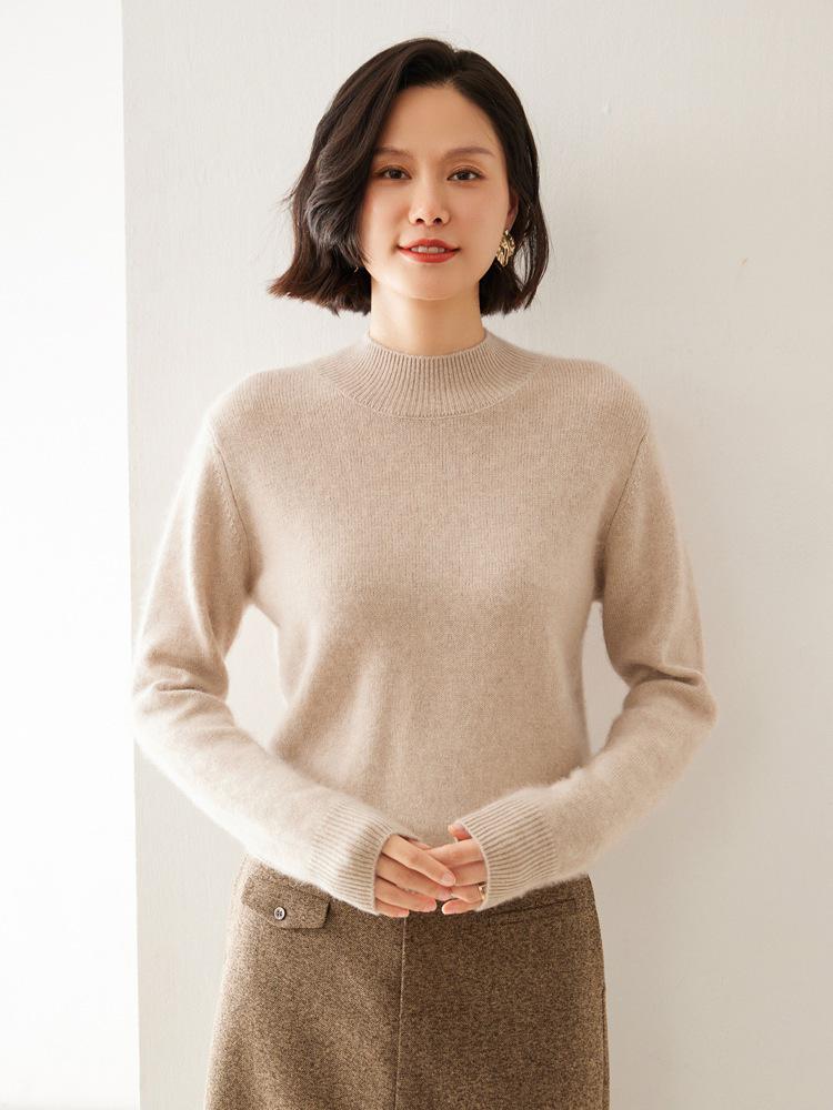 Women's Classic Cashmere Sweater - Autumn/Winter Style, Seven-Stitch Half-High Collar, Regular Shoulder, Long Sleeve, Solid Color, Commuter-Friendly.