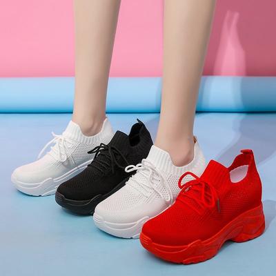 Zapatillas de moda para papá para mujer, estilo ins de marea 2025 otoño, nuevas, versión coreana, malla, plataforma, muffin, tejidas voladoras, zapatillas deportivas