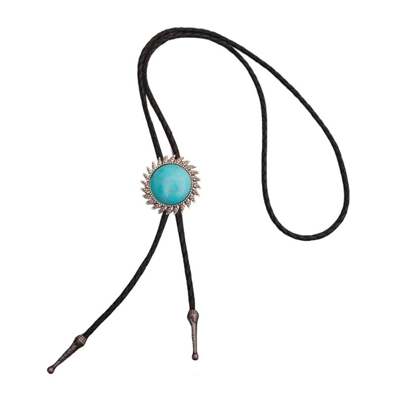 

Leather Cord Bolo Tie Necktie with Metal Flower Stone Pendant Adjustable Chain Shirt Collar Necklace for Men and Women