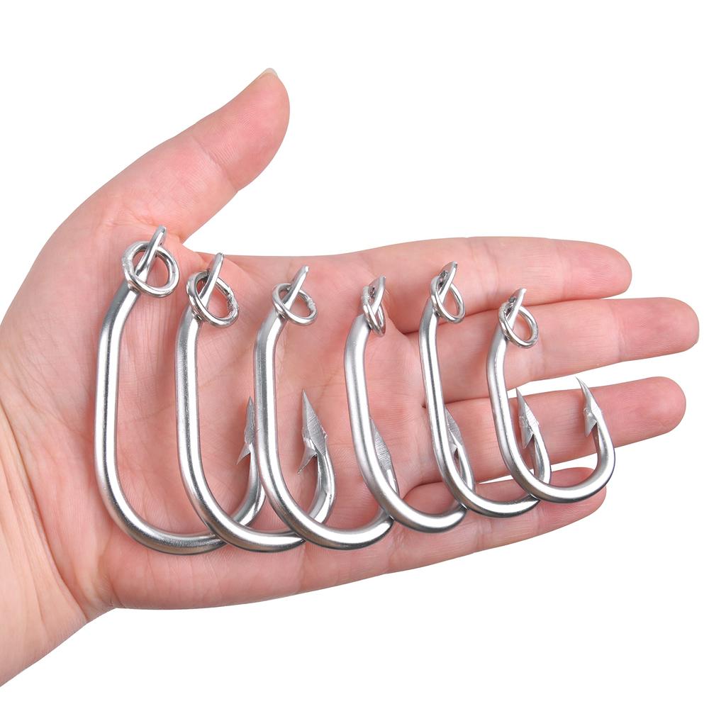 Pack of 10 Stainless Steel Fishing Hooks with Rings for Tuna and Yellowfin Longline Trolling Hooks with Triple Strengthened Thick Wire for Large Game