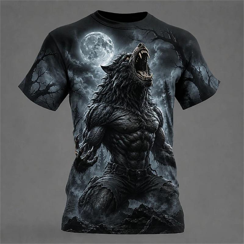 Men's Summer Halloween Cool and Spooky Werewolf Print Short-Sleeve T-Shirt Fashionable Trendy Streetwear Short-Sleeve T-Shirt