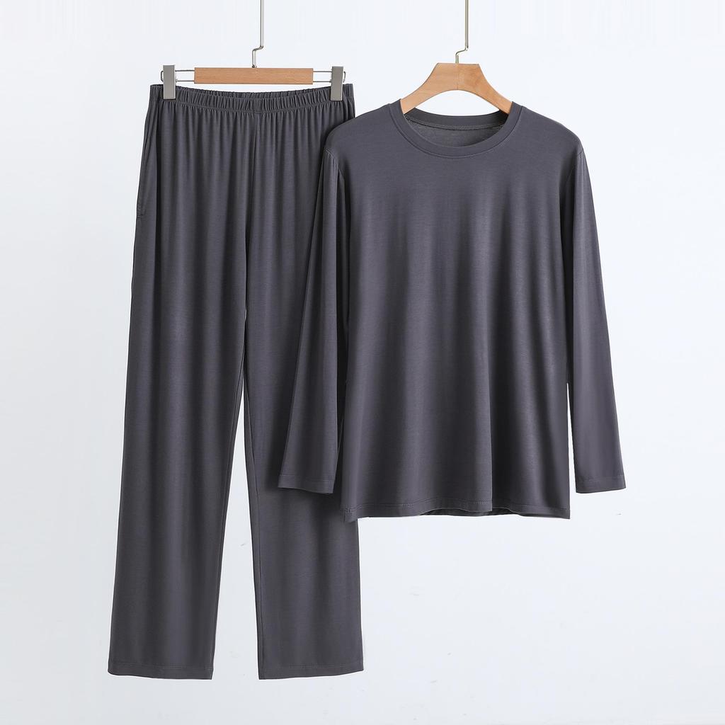 Pánský nadměrný modální pyžamový set - Dlouhý rukáv, Dlouhé kalhoty, s kapsami, Ležérní volný dvoudílný domácí oděv.