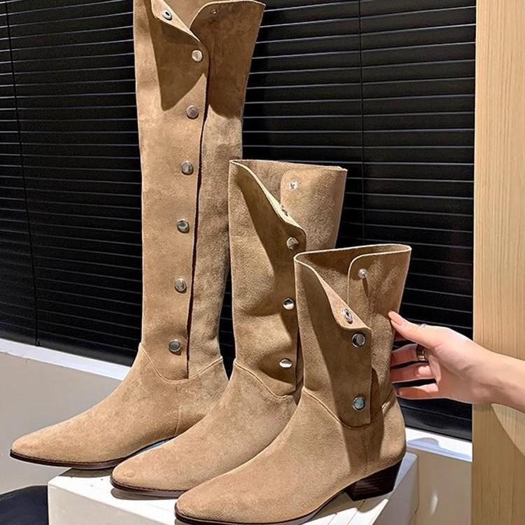 Cowhide~ Vintage Maillard Pointed Pile Boots Women's Western Cowboy Boots Button High Boots Thick Heel Boots Autumn