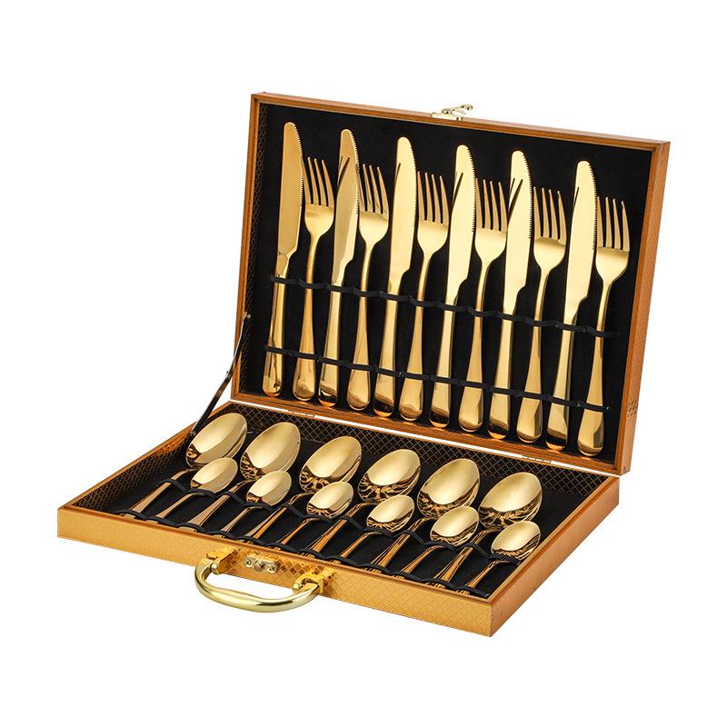 24-Piece Titanium Gold Stainless Steel Cutlery Set with Western Steak Knife, Fork, Spoon, and Laser Logo - Gift Pack.