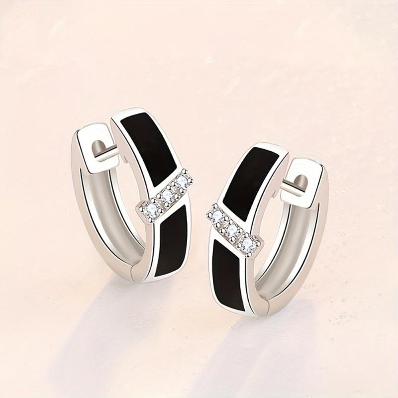

CAOSHI Chic Black Enamel Hoop Earrings with Shiny Round Cut Cubic Zirconia Dainty Copper Color Party Ear Accessories for Women