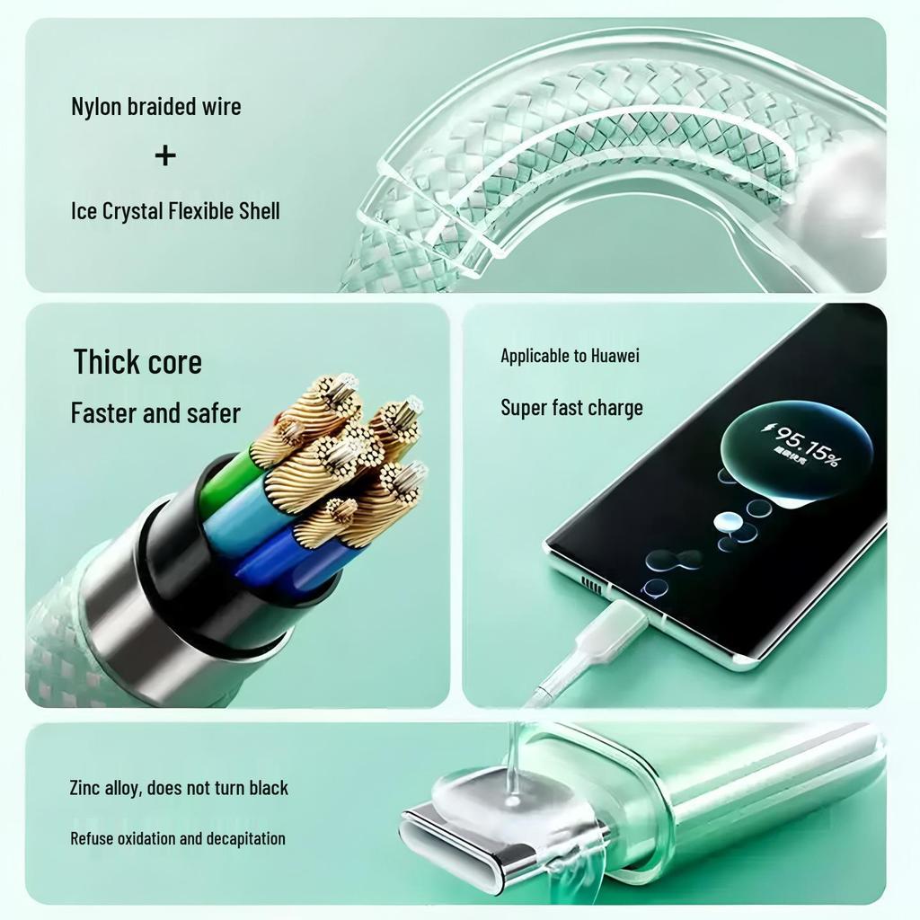 Crystal Gradient Braided Three-in-One Charging Cable for Huawei, Apple, and Android.