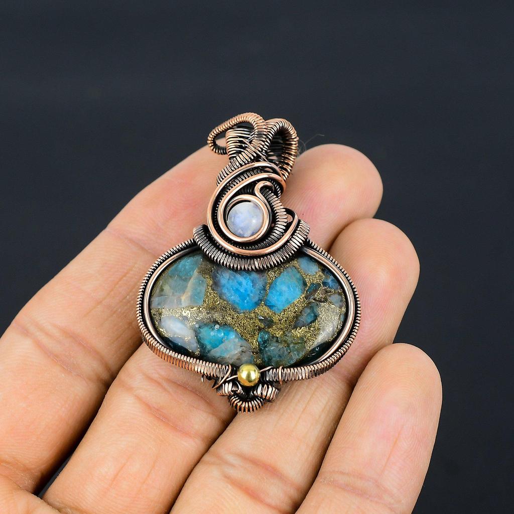 Copper Neon Apatite Pendant Gemstone Jewelry,  999 Copper Wire Wrapped Handmade Pendant, Latest Design Jewelry