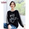 Yuzhaolin Women's Bear Print Striped Color Block Round Neck Sweatshirt