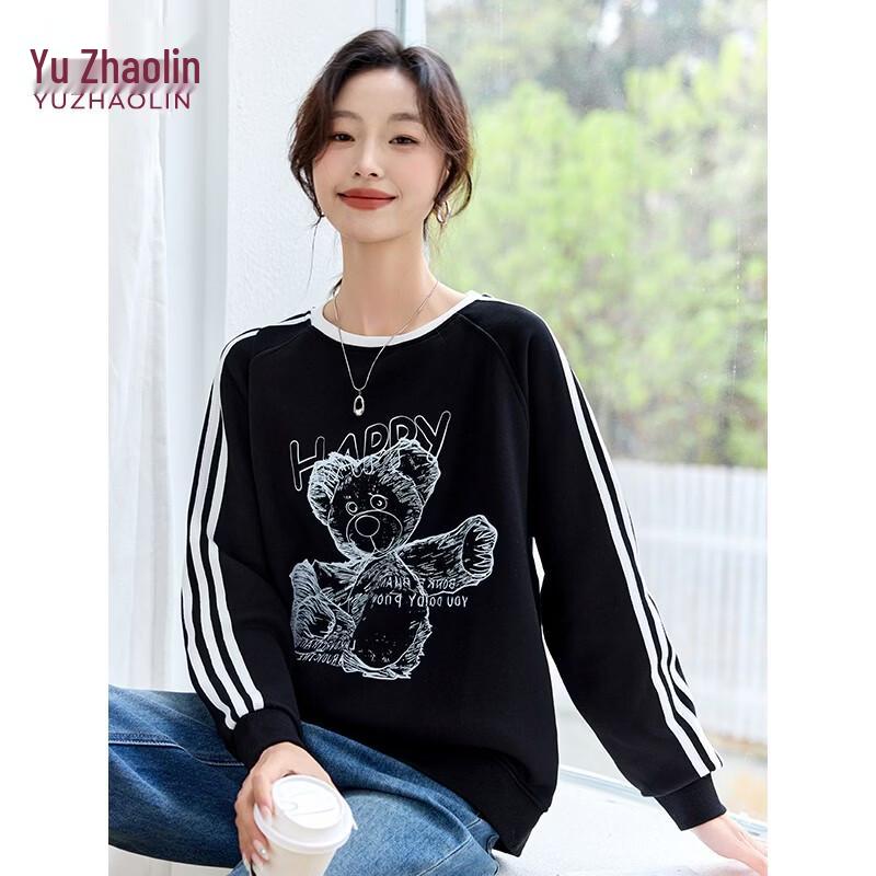 Yuzhaolin Women's Bear Print Striped Color Block Round Neck Sweatshirt