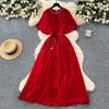 French fashion heavy industry diamond round neck shawl splicing strap waist thin temperament pleated chiffon dress women