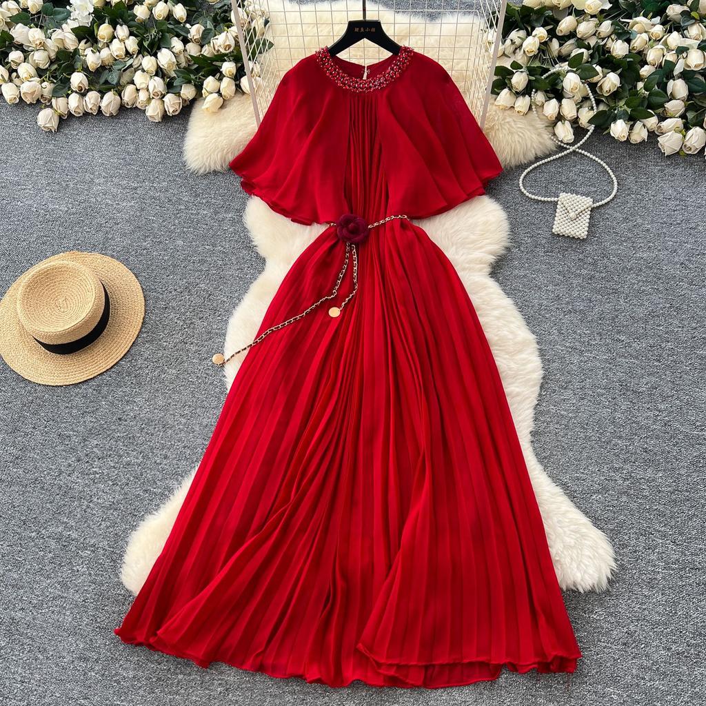 French fashion heavy industry diamond round neck shawl splicing strap waist thin temperament pleated chiffon dress women