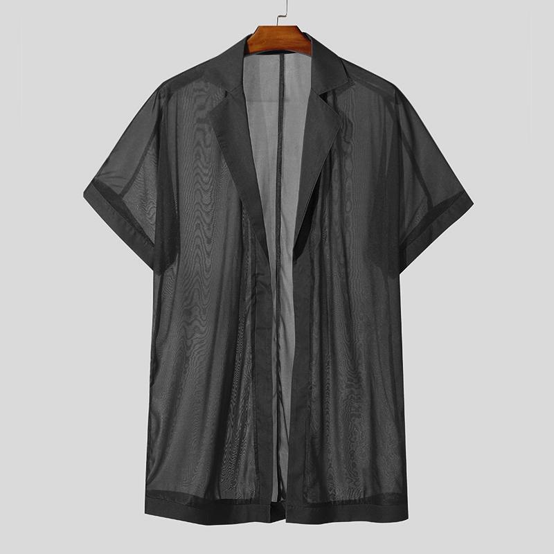 

INCERUN Men Lapel Short Sleeve Open Front Mesh Sheer Casual Beach Homewear Tops Cover Up 4XL чёрный