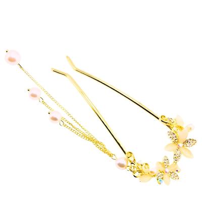 Kanzashi Haarschmuck für Kimono und Antikgold [Miaomyao] (Japanische Haarnadel), U-förmig, Yukata, Perle, Blume,