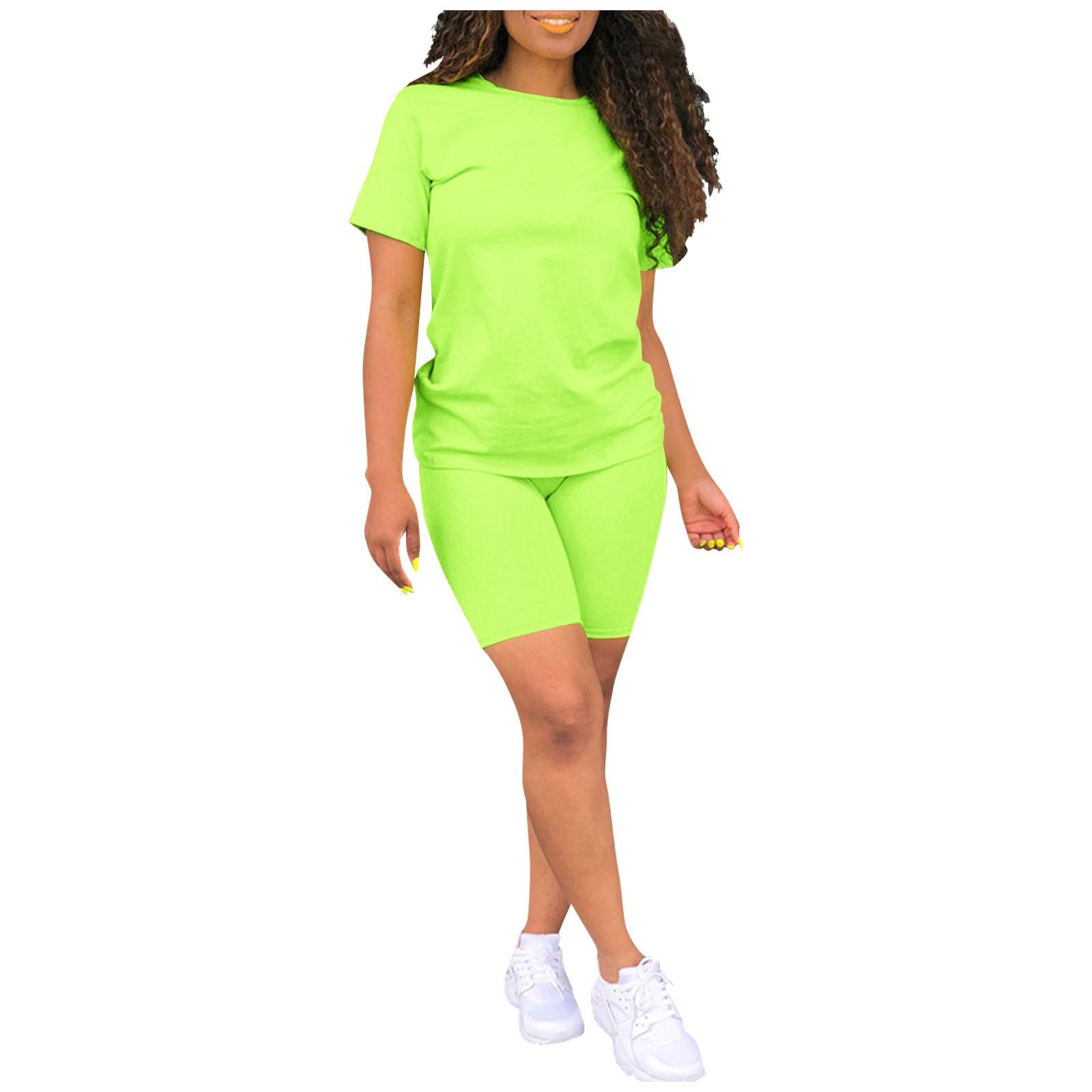 

(Куниде) Женский повседневный спортивный однотонный костюм из 2 предметов, комплект из топа и брюк с короткими рукавами XL зелёный