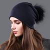 Cappello da donna in maglia a doppio strato, autunno inverno, caldo e versatile, con pelliccia di procione, tinta unita