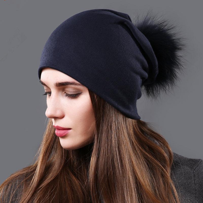 Cappello da donna in maglia a doppio strato, autunno inverno, caldo e versatile, con pelliccia di procione, tinta unita