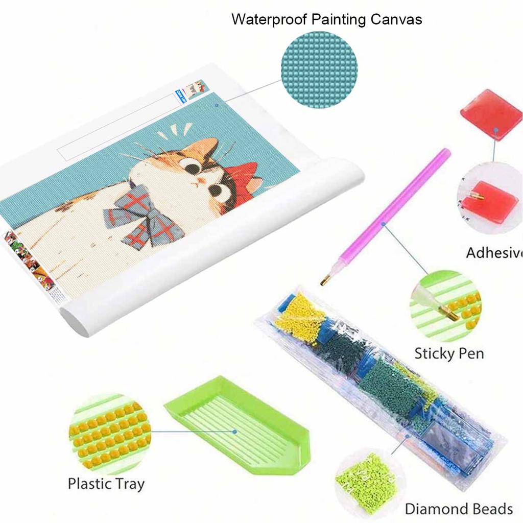 DIY Diamond Art Painting Kit Cute Calico Cat with Red Bowknot 5D Rhinestone Canvas Wall Decor Gift for Craft Lovers Home Room Decoration