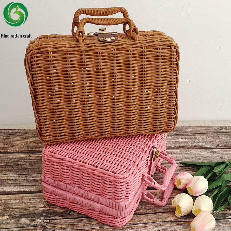 Vintage Rattan Woven Storage Suitcase for Wedding Photography Props & Mid-Autumn Mooncake Decoration