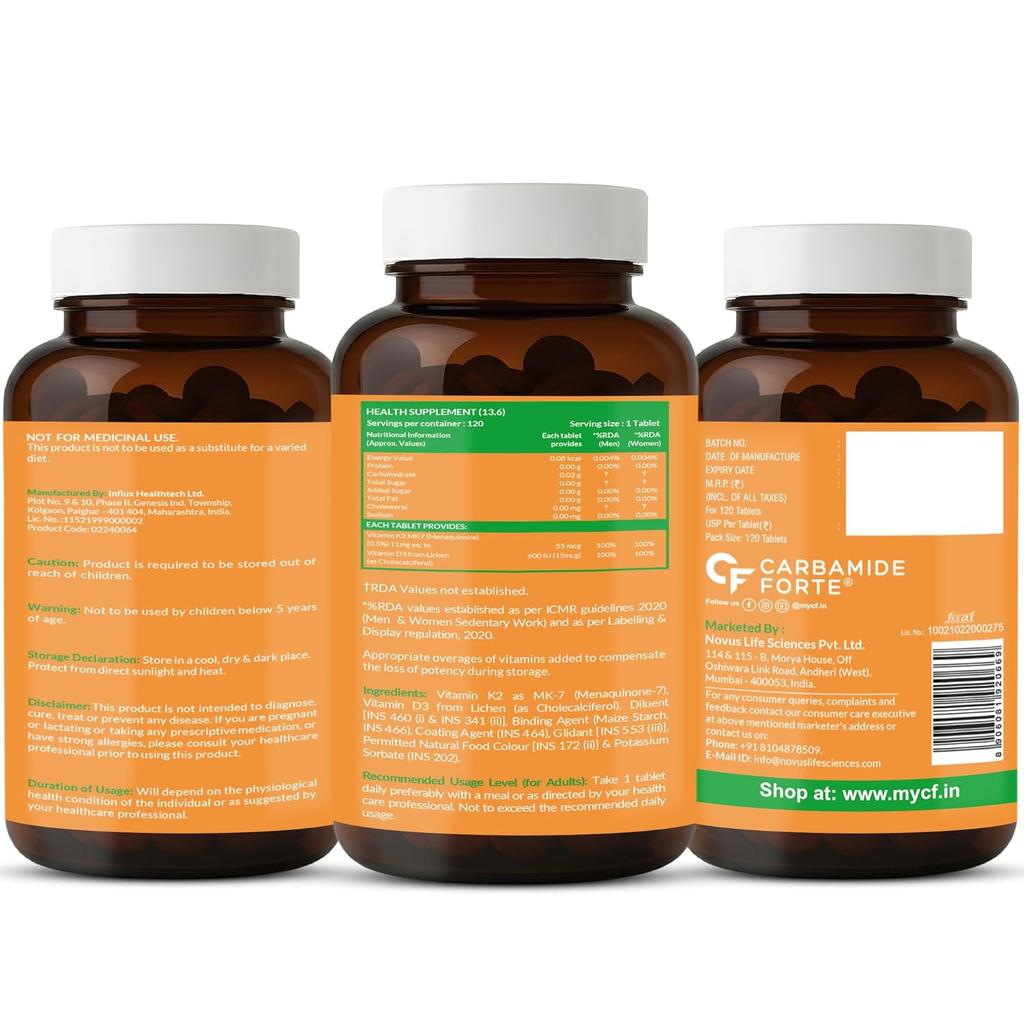 Carbamide Forte Vitamin D3 K2 Supplement 120 Tablets for Bone, Heart, and Calcium Support