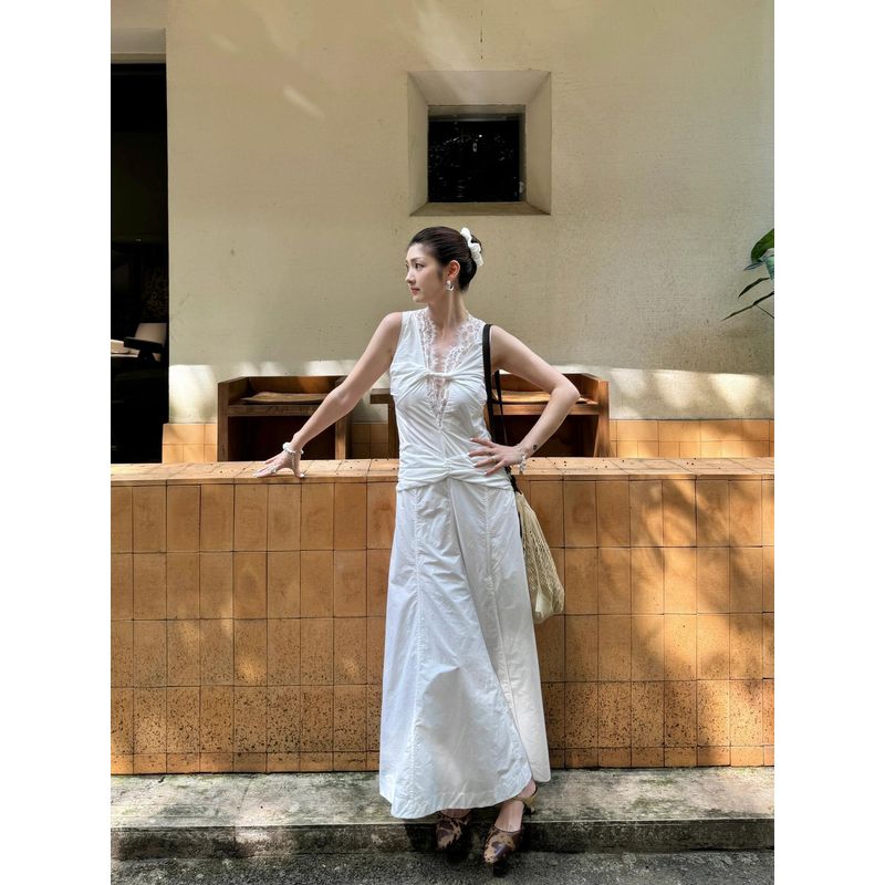 

1S European and American Hollow Twist Lace Sleeveless Vest Skirt Romantic White Split Look Show Formal Dress Vacation Skirt White 160/84A