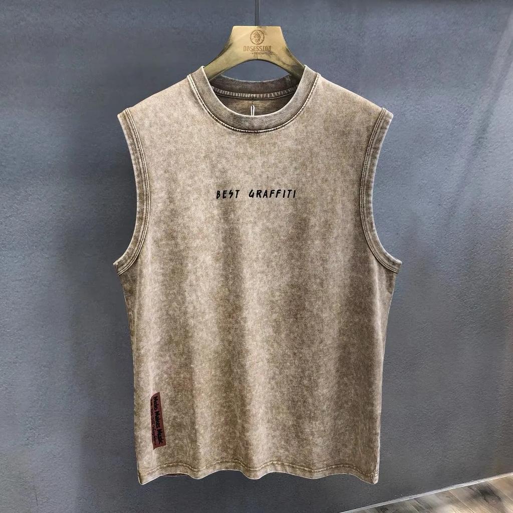 Erkek Yazlık Bol Kolsuz Tişört Vintage Kar Tanesi Yıkanmış Pamuk Spor Atlet