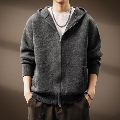Herren Hochwertiger Grauer Strick-Cardigan mit Kapuze - Herbst/Winter College Stil Lässiger Reißverschluss-Mantel