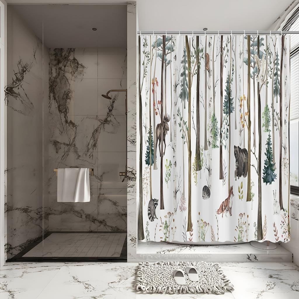 Forest Animal Scene Shower Curtain - Bear, Moose, Fox, Squirrel & Trees, Polyester Fabric, Autumn Snow Design, Bathroom Decor