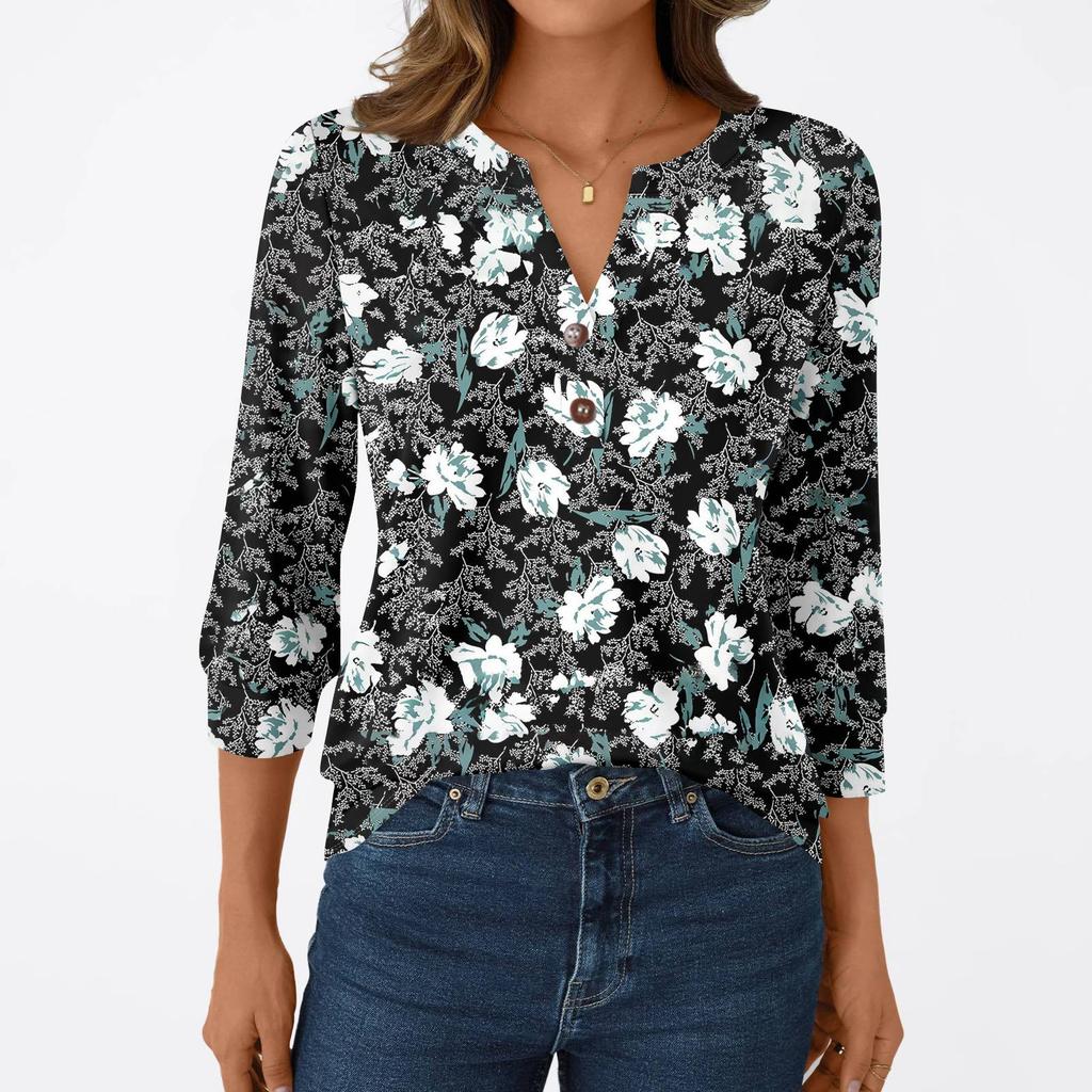 Women's Fashion Casual 3/4 Sleeve T-Shirt Prints V-Neck Button Top