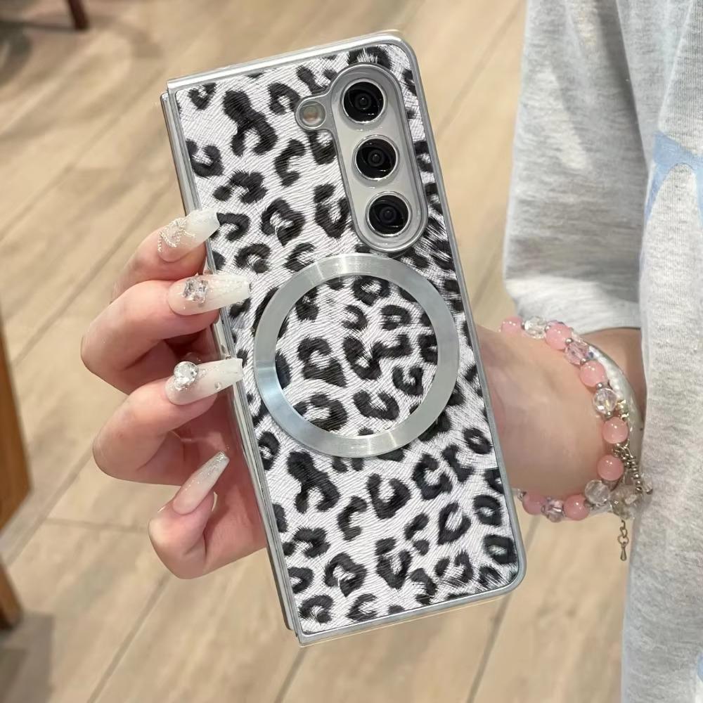 Higth Quality Busine Sle Leopard Pattern Leather Case for Samsung Galaxy Z Fold 7 6 5 4 Magnetic Magsafe Wireless Charge Cover