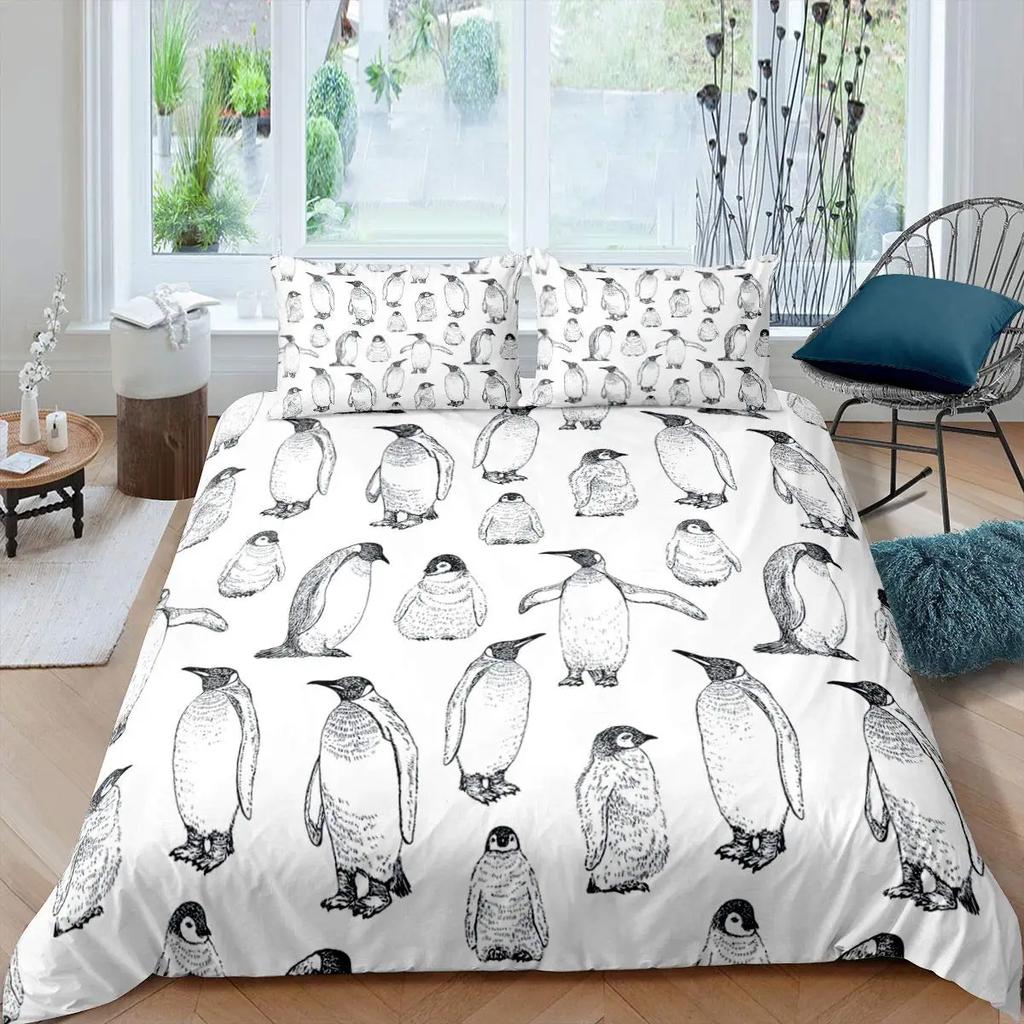 Penguin Duvet Cover Set Antarctic Animals Bedding Set For Kids Boys Girls Cartoon Style King Size Winter Theme Comforter Cover