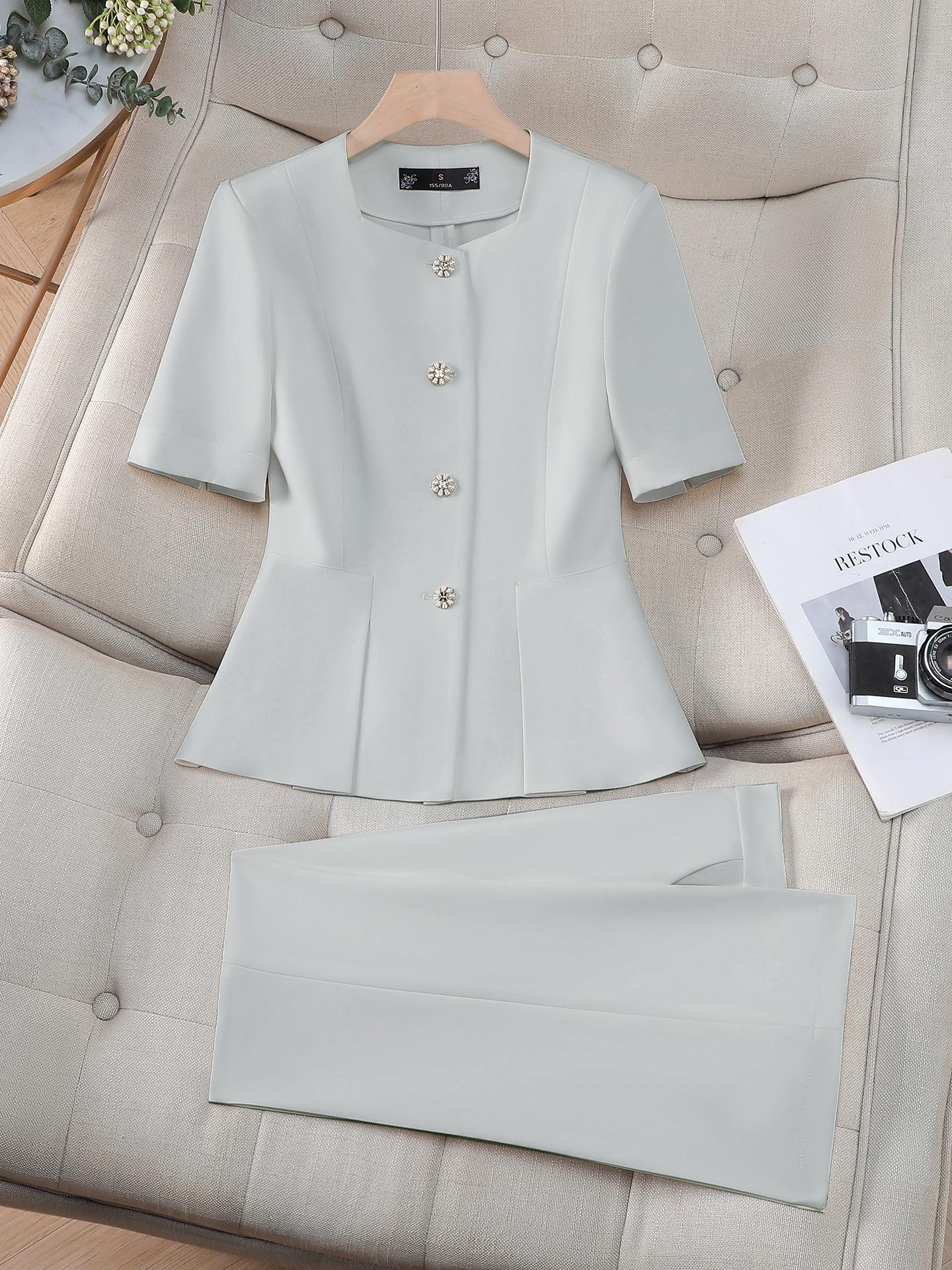Women s Elegant Slim-Fit Short-Sleeve Suit Set – Spring/Summer Round Neck Two-Piece Professional Wear XL