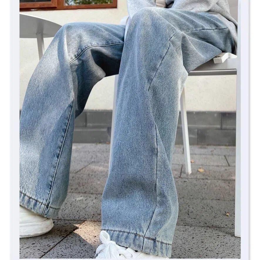 Women's Mid Rise Fleece Lined Wide Leg Jeans Loose Fit Sweet Casual Denim Trousers