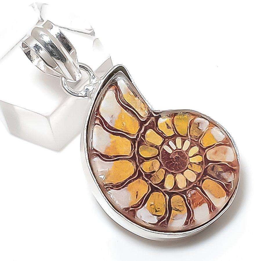 

Натуральный ископаемый аммонит драгоценный камень 925 стерлинговое серебро ювелирная подвеска 1.62 O7z28