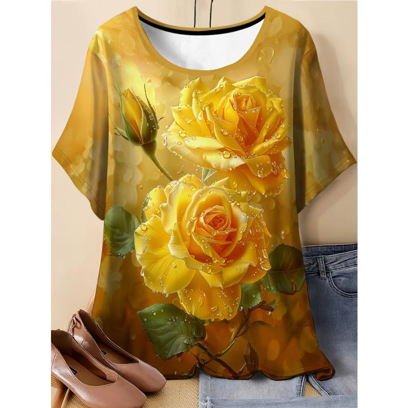 

Plus size women s clothing with two yellow flowers graphic print, T-shirt, micro stretch fabric, machine washable, comfortable all season S