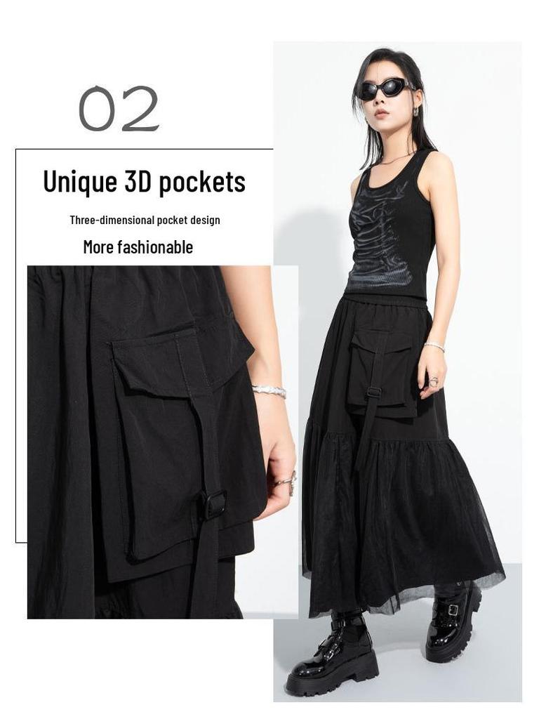 Dark Style A-Line Mesh Patchwork Skirt: Casual, Mid-Length, Elastic Waist, Irregular Flare
