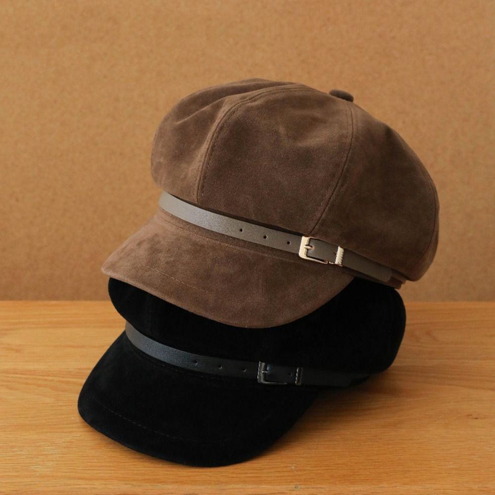 British Style Pu Leather Beret Brown Painter Hat Fashion Suede Octagonal Hat  Streetwear