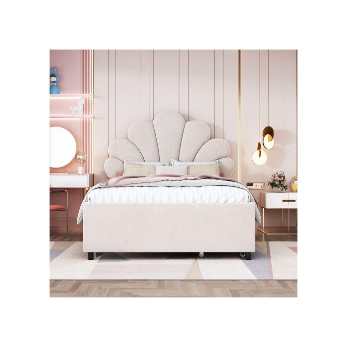 Gepolstertes Bett Kinderbett 90 x 200 cm, Bettgestell mit blumigem Kopfteil und Lattenrost