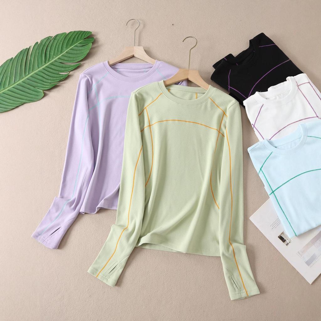Women's Slim-Fit Color-Block Sports Long-Sleeve T-Shirt: Vibrant Colors, Contrast Stitching, Round Neck, Outdoor Style