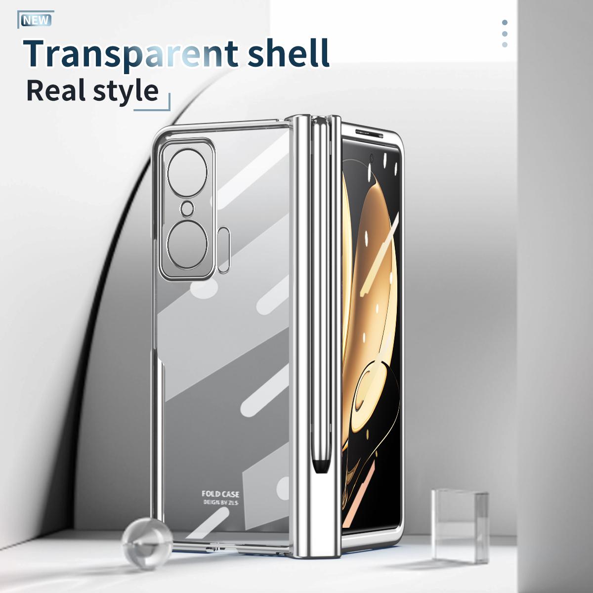

For Honor Magic V Tempered Glass Film Phone Cover Pen Slot Hinge Electroplating Folding PC Case with Stylus Pen Silver
