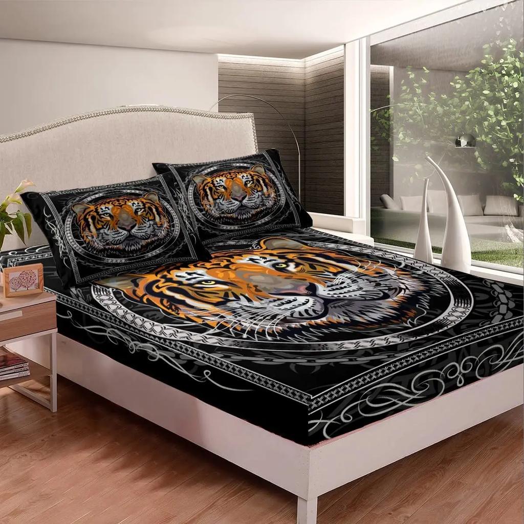 White Tiger Fitted Sheet Queen Size Flowers and Tiger Print Bedding Set for Teens Children Gift Wildlife Animal Floral Theme