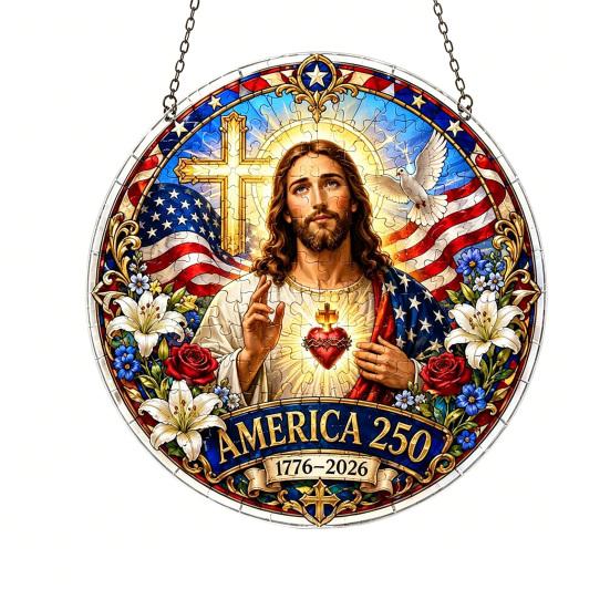 Acrylic Jigsaw Puzzle Suncatcher, US 250th Anniversary DIY Sun Catcher Kit, Stained Glass Style Patriotic Window Hanging Ornament for Independence Day