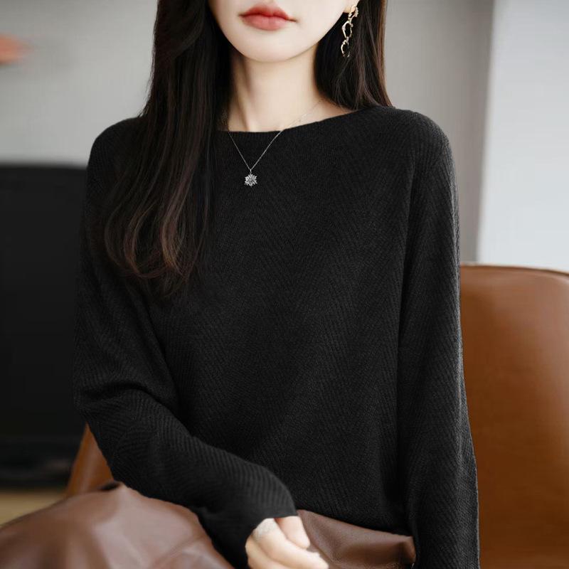 

Женский свитер в рубчик из мериносовой шерсти – Свободный крой, Слим-фит, Большой размер, Однотонный, Трикотаж с круглым вырезом для простых поездок на работу Extra Large