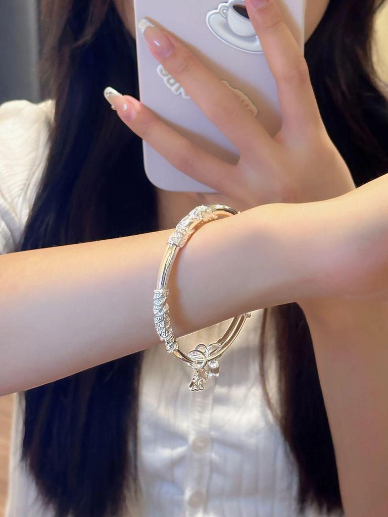999.9 Pure Silver Bangle - Women's Sterling Silver Bracelet, Qixi Valentine's Day Gift for Wife or Girlfriend