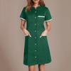 Women's Casual Workwear Solid Color V Neck Short Sleeved Button Pocket Loose Caregiver Dress