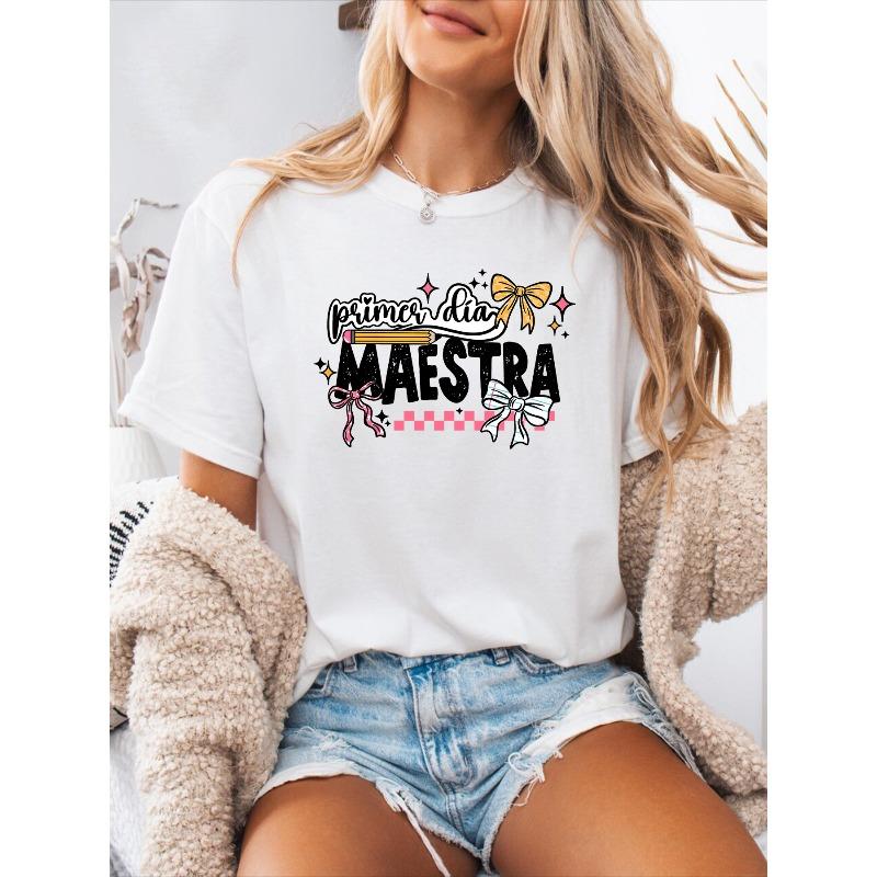 Women s Spanish Alphabet T-Shirt - Spanish Letter Print Round Neck Short Sleeve Blouse Suitable for Spring Summer Casual Wear, S белый
