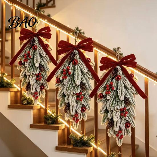 Winter Holiday Home Decor Flocked Christmas Teardrop Swag for Front Door, Artificial Pine with Red Wreaths Berries Velvet Bow, Snowy Hanging