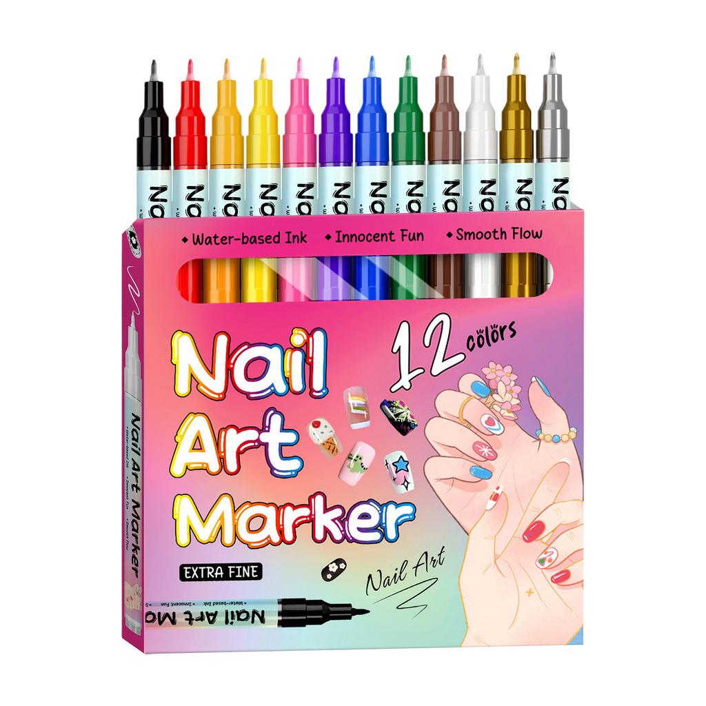 Nail Marker Set Extra Fine Tip -Based Ink Smooth 12 Pack for DIY Nail Design Drawing Writing Decorating